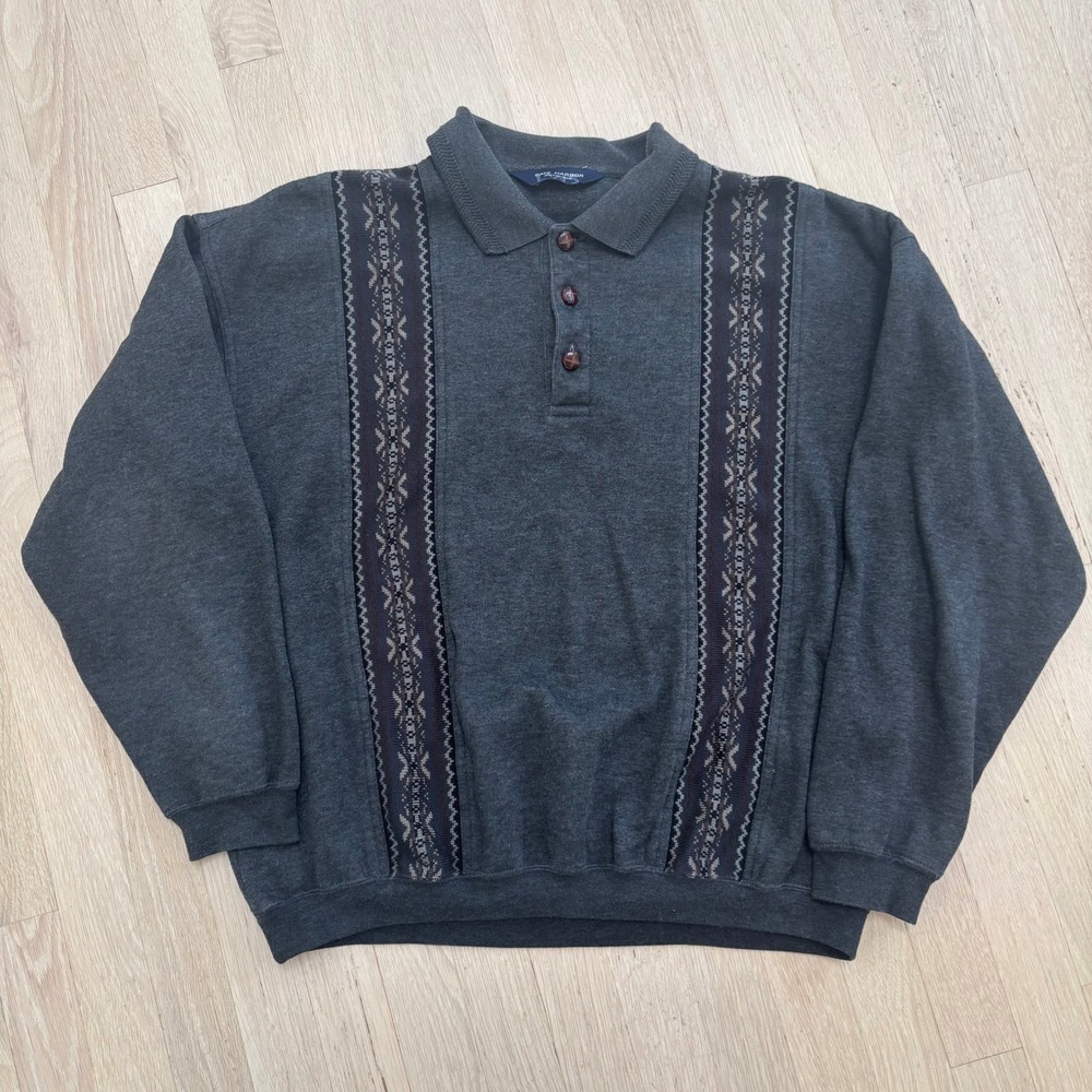 Safe Harbor Polo Sweatshirt Mens Large Gray Excellent Vintage Knit Pullover